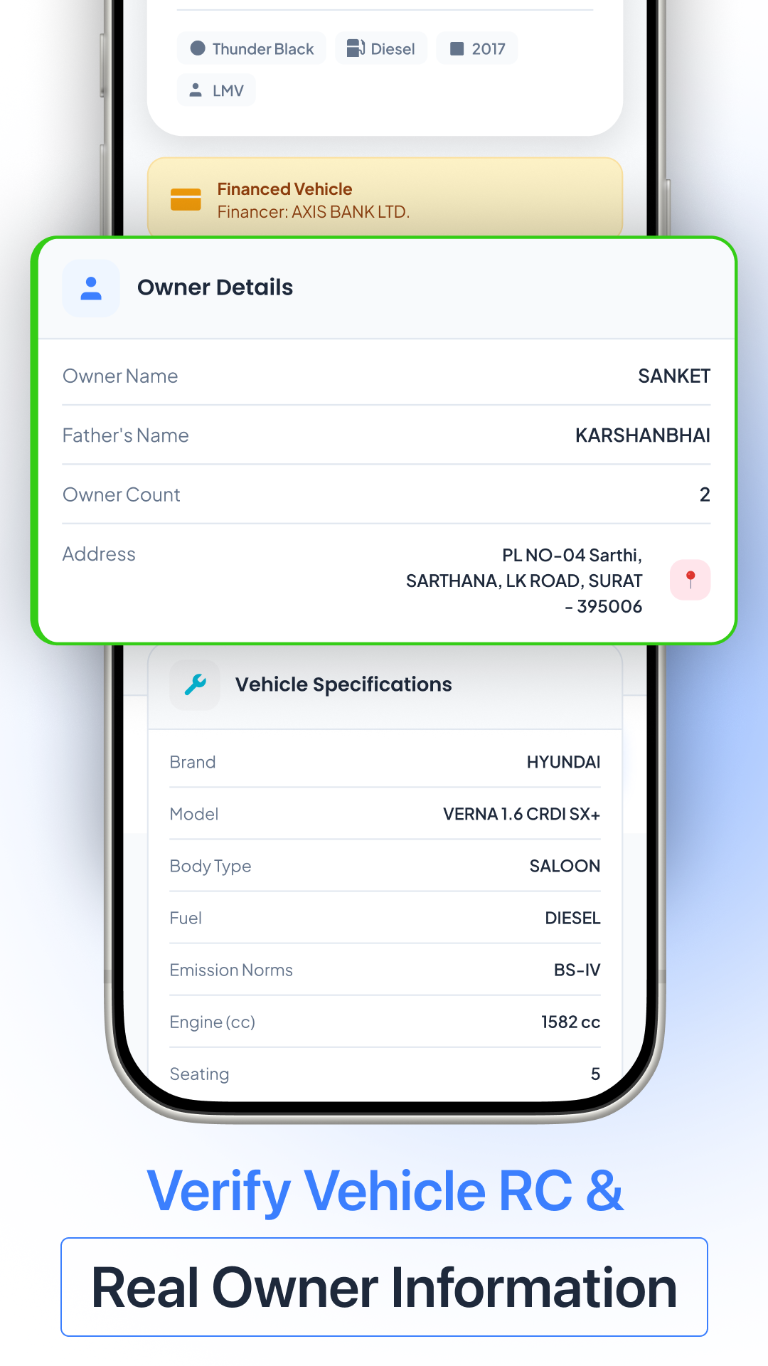 Owner details and vehicle specs